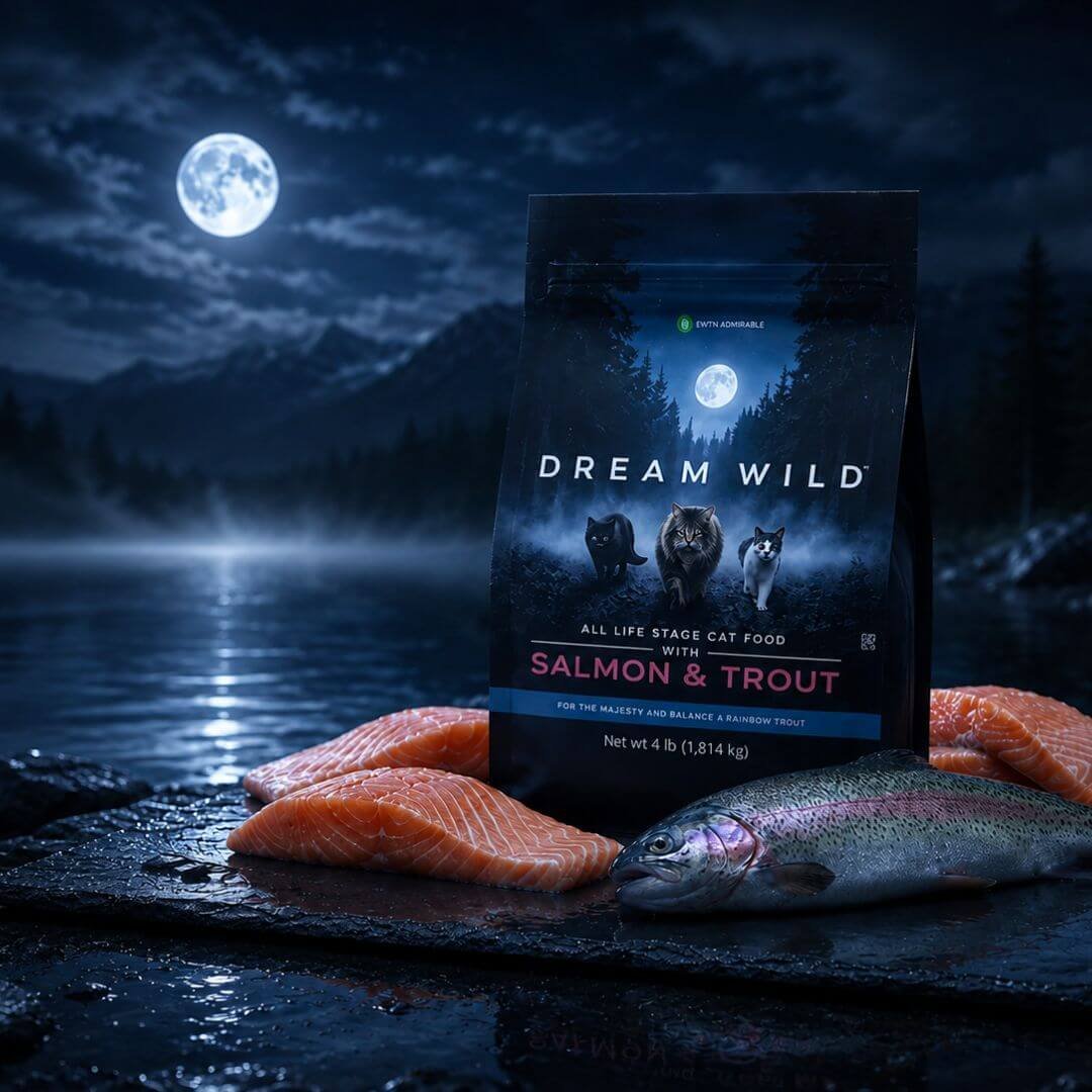 Premium Dream Wild™ All Life Stage Cat Food Salmon & Trout featuring fresh salmon fillets and whole rainbow trout in a cinematic moonlit wilderness setting.