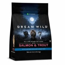 Dream Wild™ All Life Stage Cat Food Salmon & Trout dry cat food bag on a clean white background, featuring premium salmon and rainbow trout recipe for all life stages.