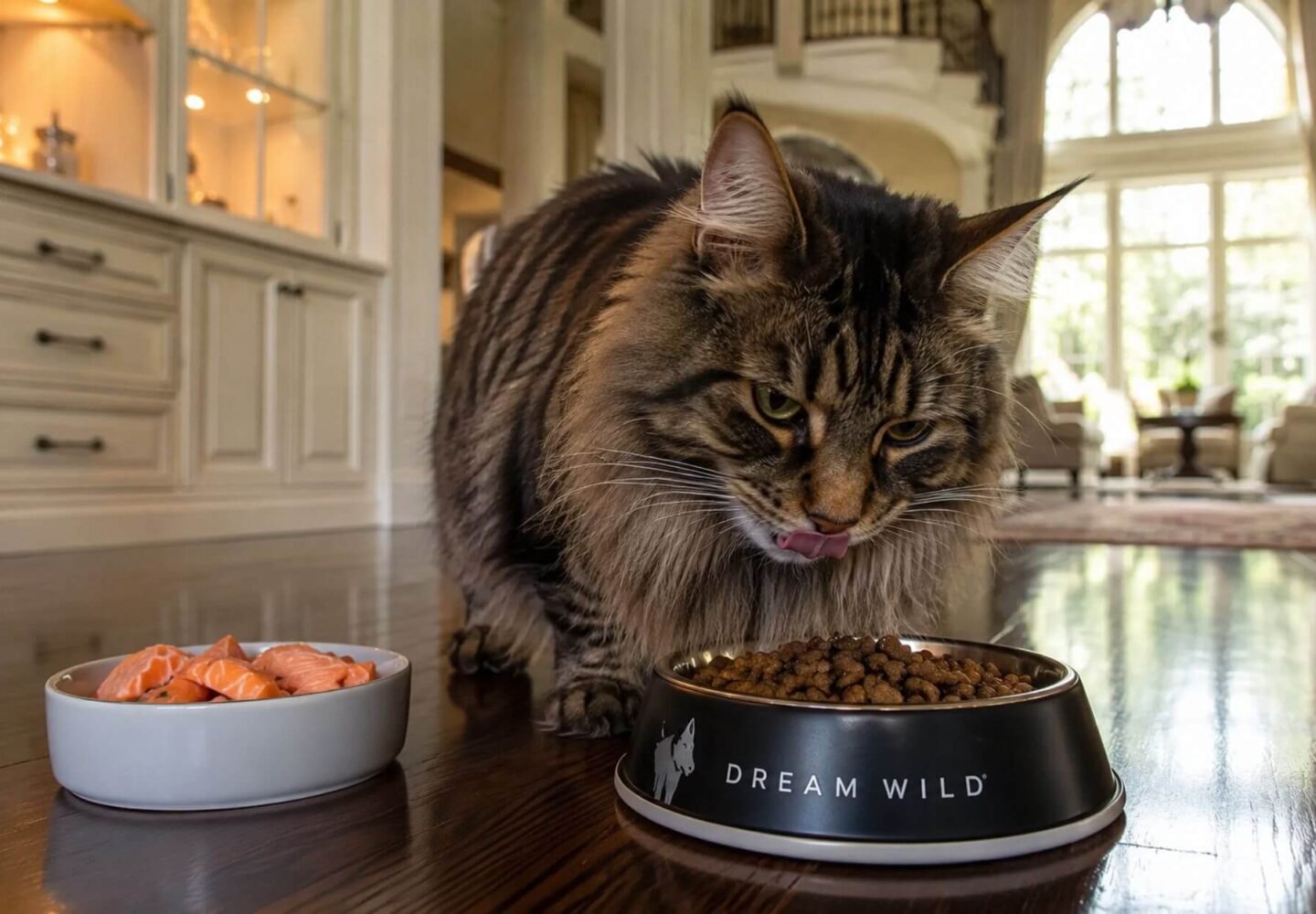 Fluffy cat chooses Dream Wild food over fresh salmon in bowl.