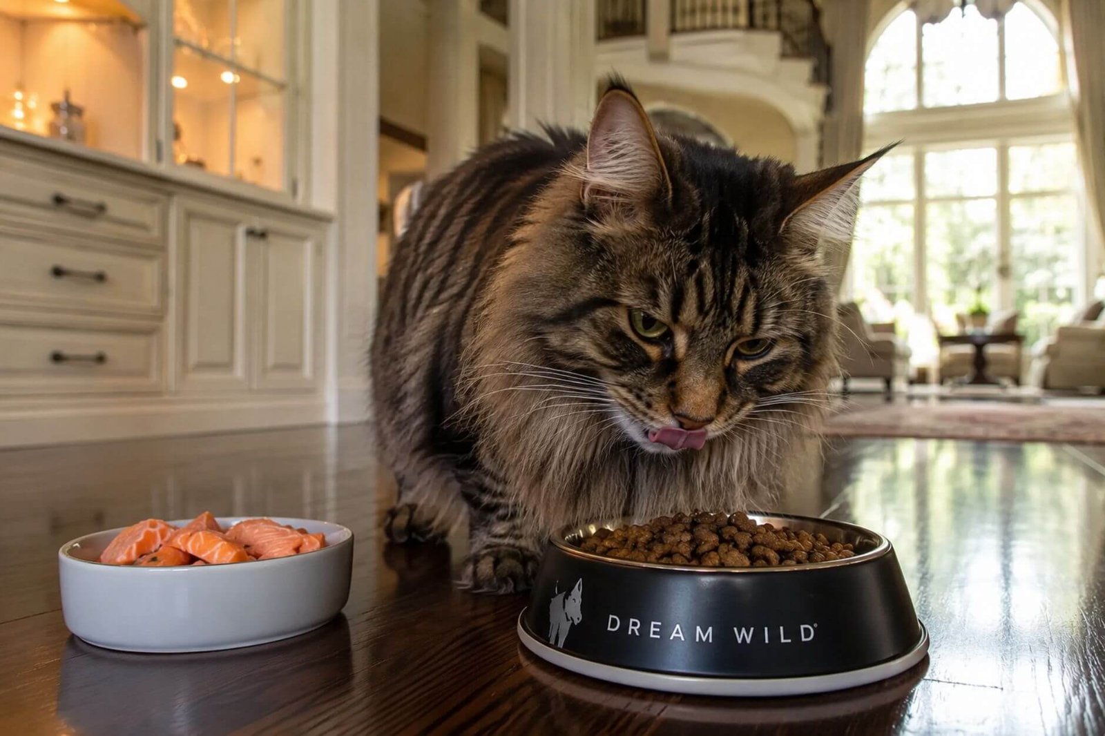 Fluffy cat chooses Dream Wild food over fresh salmon in bowl.