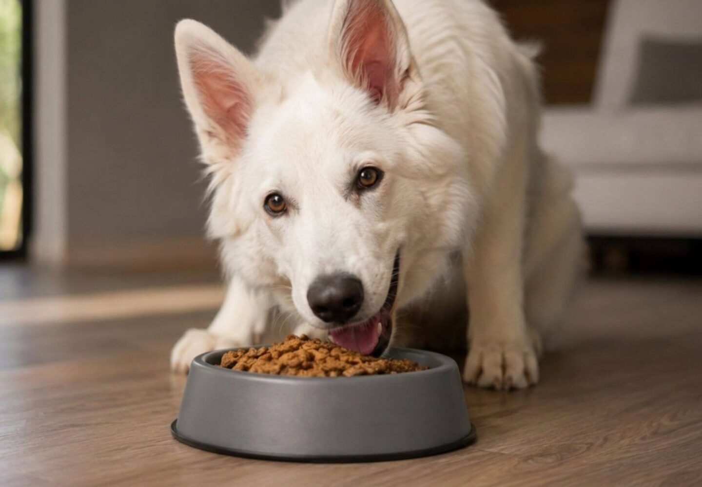 Dream Wild freeze-dried raw dog food enjoyed by a happy white dog