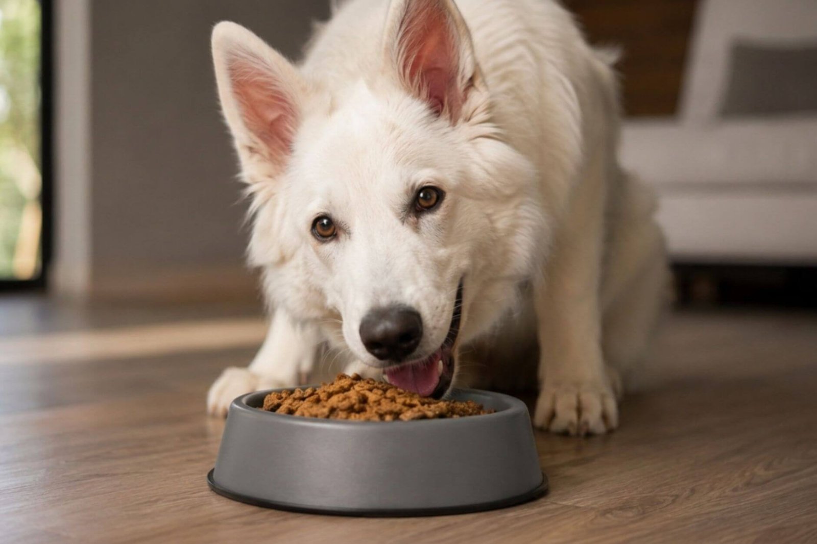 Dream Wild freeze-dried raw dog food enjoyed by a happy white dog